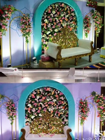 A before-and-after comparison of a stage we decorated, showing the transformation into a beautiful floral backdrop.