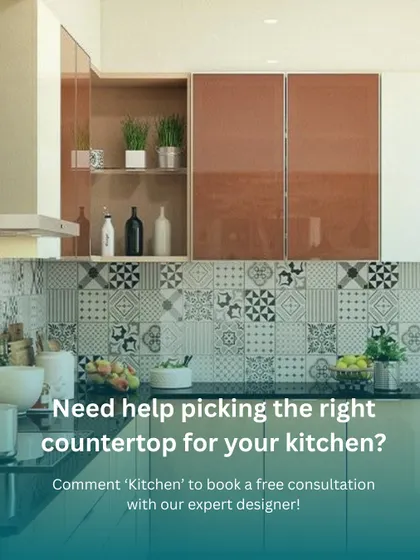 Need help picking the right countertop? This image showcases a kitchen with beautiful patterned tiles and dark countertops, inviting users to book a consultation.