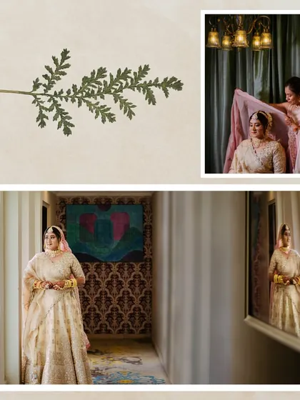 A collage showing the bride getting ready, her reflection in the mirror, and a detail shot of a single leaf, creating a soft and thoughtful mood.