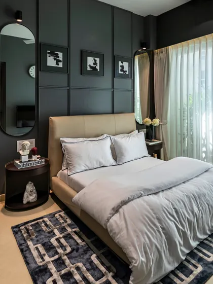 A bedroom can be a space of quiet contemplation. Here, I used a dark, enveloping color palette and strong vertical lines to create a sophisticated and calming atmosphere. The design proves that boldness and tranquility can coexist, resulting in a space that feels both confident and serene.