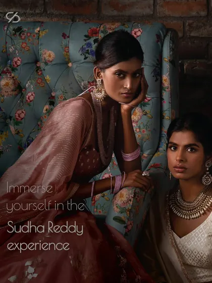 I invite you to immerse yourself in the Sudha Reddy experience. Here, two models showcase the versatility and elegance of my white and pastel lehenga collections.