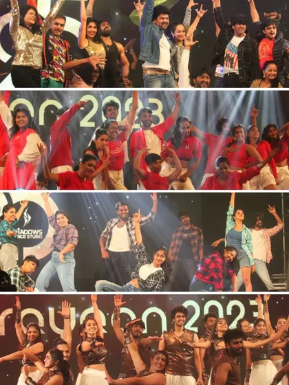 A collage capturing the vibrant and diverse performances from Prayaan 2023. It shows the variety of costumes, styles, and age groups that participate.