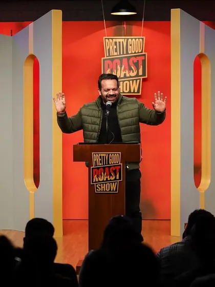 A collection of shots from the Pretty Good Roast Show, showcasing various comedians and moments from the event.
