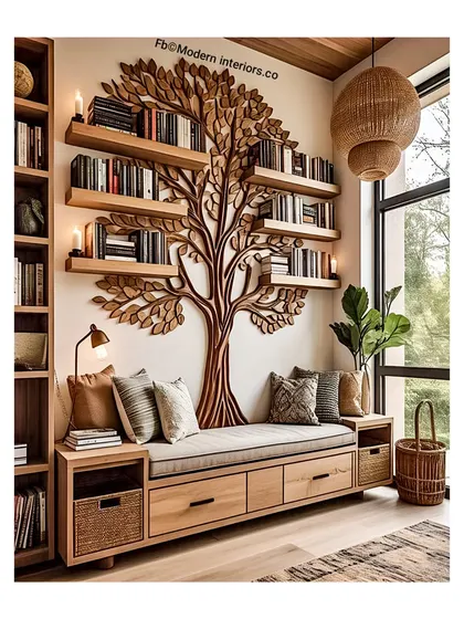 For the book lover, I created this custom tree-shaped bookshelf that's both a storage solution and a piece of art. It features a cozy reading nook with built-in drawers, making it the perfect spot to get lost in a good book. It’s a great example of how I blend playful design with practical function.