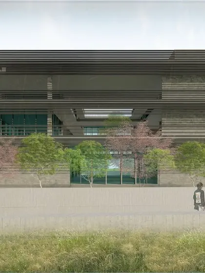 The facade of the Museum Block, designed around a central courtyard to bring in light and air. The modular grid allows for future flexibility and expansion.