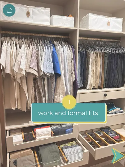 A well-organized men's wardrobe, with a dedicated section for work and formal shirts, all hung uniformly.