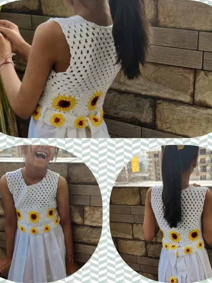 A collage showing my daughter's joy while wearing her custom sunflower frock. The design features a crochet bodice with sunflowers that cascade down onto the white skirt, tied together with a matching belt.
