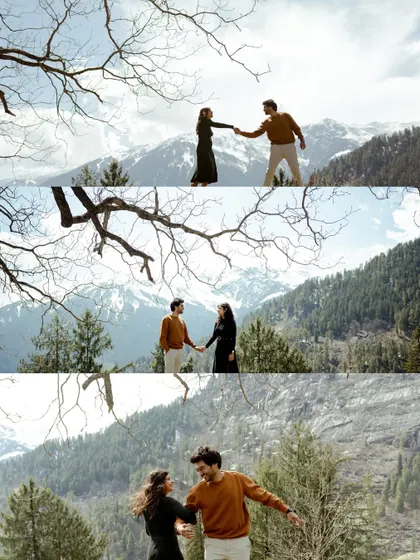 A collage showing a couple exploring the mountains of Manali. It captures the spirit of adventure and the joy of discovering new places together.