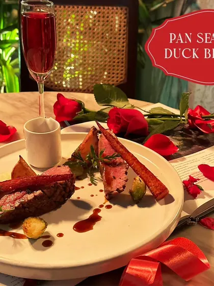 The Pan-Seared Duck Breast from my Valentine's menu. An indulgent dish for an unforgettable evening of romance.