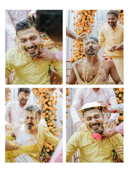 A collage dedicated to the groom's Haldi experience, capturing the fun and messy moments as his friends and family join in the celebration.