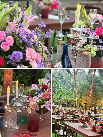 More details from the garden reception, showcasing the vibrant floral arrangements and elegant table settings.