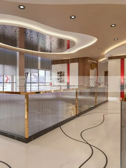 Another perspective of the grand living space, highlighting the geometric floor inlay and the open, airy feel created by the double-height ceiling. This is a space designed to make a statement.