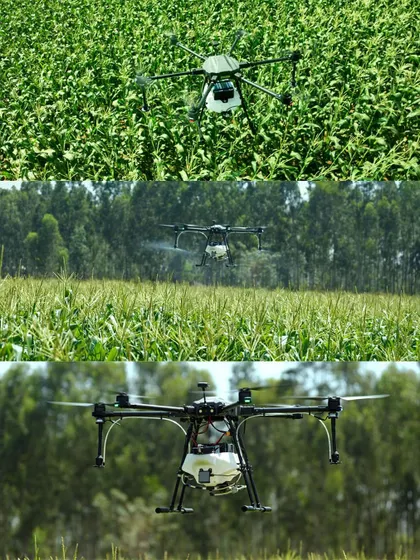 Close-up shots of an agricultural drone in mid-flight, demonstrating its spraying capabilities over a cornfield. Our dynamic footage is ideal for product demos.