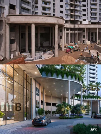 A before-and-after look at the entrance of the Reva residential project. This image contrasts the raw construction with the final rendered design, showcasing the transformation into a grand, welcoming space.