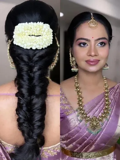 A before-and-after style collage showing the client's final look with a thick fishtail braid and jasmine gajra.