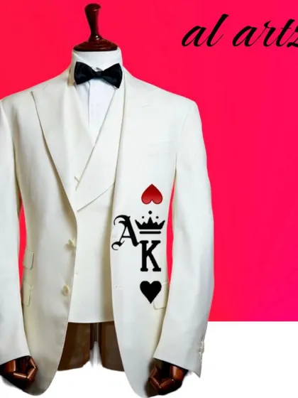 A studio shot of the custom Ace and King monogram blazer. This clean, graphic design is perfect for those looking to personalize their formal attire with a unique touch.
