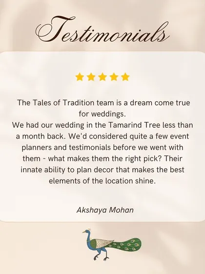 A glowing review from our client Akshaya. We believe our strength lies in understanding a venue's potential and designing decor that makes its best elements shine. We are so glad we could make it happen in under a month.