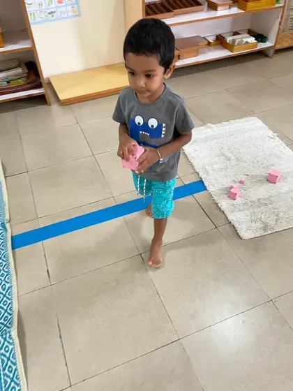 A child works with the Pink Tower, a classic sensorial material. This activity helps them visually discriminate between sizes and builds their understanding of dimensions, which is an indirect preparation for mathematics.
