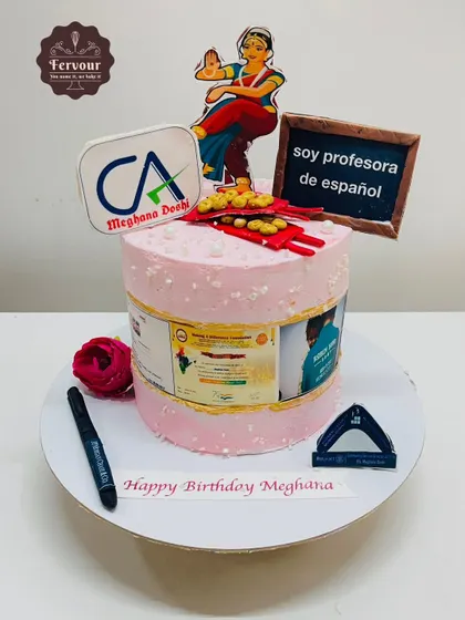 This cake was designed to celebrate the many achievements of a client who is a CA and a Spanish professor. I incorporated elements of her professional life, including her certificates and logos, into one personalized cake.