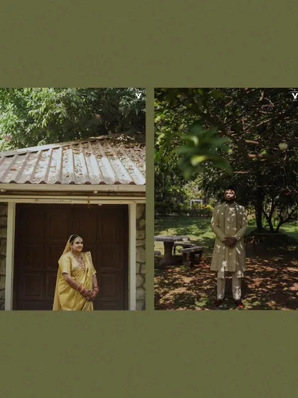 A collage showing portraits of the bride and groom in a serene, natural setting. The play of light and shadow through the trees adds a beautiful, artistic touch to their individual shots.