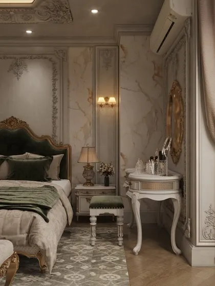 A dedicated vanity corner in a luxury bedroom, featuring a classic dressing table and mirror that complements the room's opulent theme.