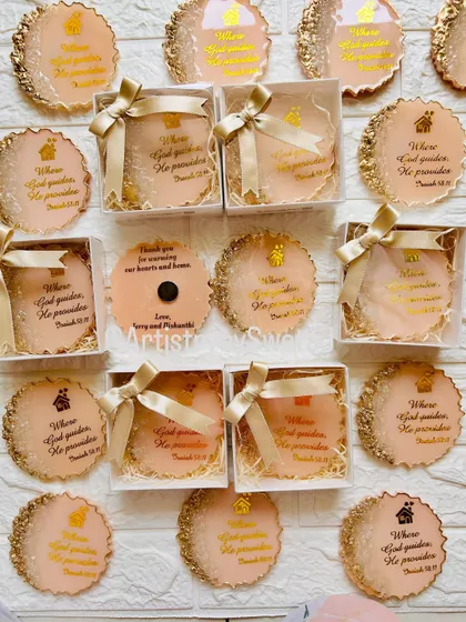 A new home, a new beginning. This photo shows a collection of housewarming return gift magnets that I shipped to the USA.
