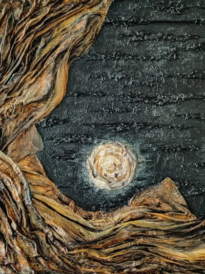 "THE MOONLIGHT," from my WABI SABI series. This 3x3 feet mixed media piece on wood uses fabric and texture to create a dramatic scene of the moon shining through a dark, textured landscape.