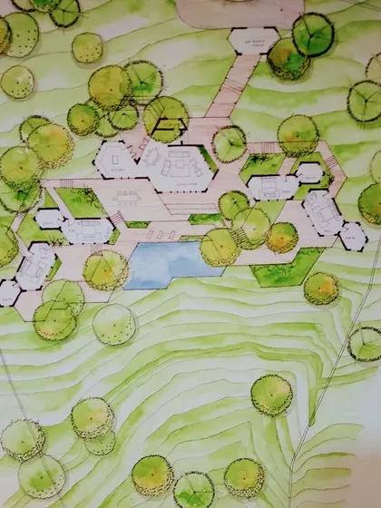 A hand-rendered masterplan for a residential bungalow on a contoured site near Pavna lake. This drawing illustrates my approach to site-responsive design, carefully integrating the hexagonal building footprint with the existing trees and sloping terrain.