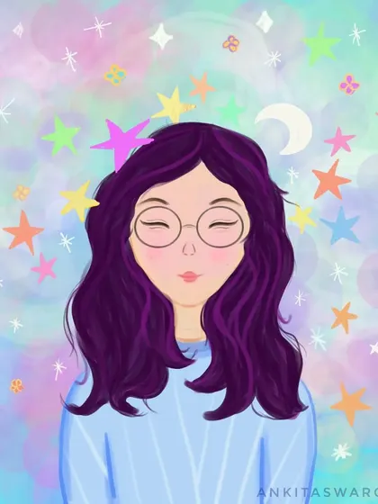 A whimsical digital portrait of a girl with purple hair, surrounded by a dreamy aura of stars and pastel colors.
