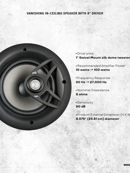 A detailed look at the technical specifications of the Polk V80, an 8-inch vanishing in-ceiling speaker. It features a swivel-mount silk dome tweeter for precise audio direction and a frequency response that ensures deep, rich sound.