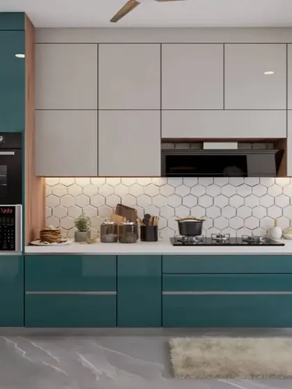 A 3D concept for a kitchen with a beautiful teal and white color scheme. The hexagonal tile backsplash and handleless cabinets create a fresh, contemporary look that the client could approve before we started.