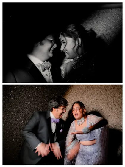 A collage of fun, high-contrast, and candid shots of the couple dancing and enjoying their Sangeet night.