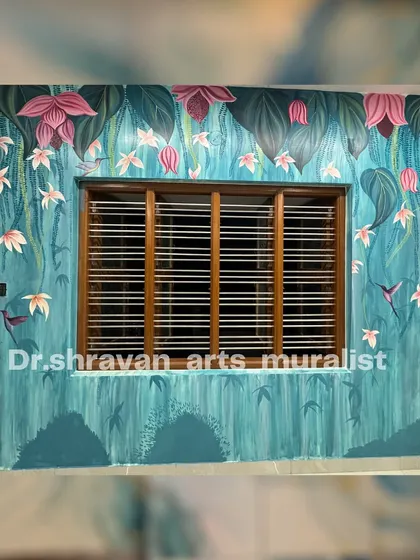 This mural combines a textured background with a painting of tropical and ornamental flowers. The design creates a feeling of a gentle waterfall of flowers, adding vibrance and subtlety to the room.