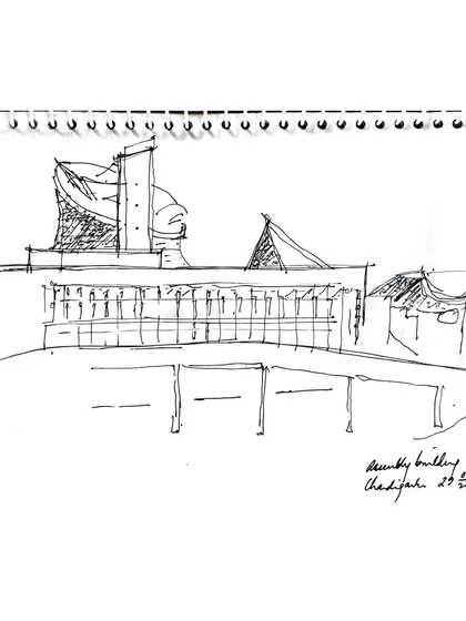 Another sketch from the Chandigarh series, exploring the building's facade and its relationship to the ground. Drawing is a form of analysis, a way to deconstruct and understand the work of others.