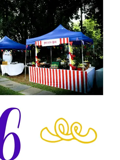 Classic carnival food stalls with striped awnings, serving up delicious treats for all the guests.