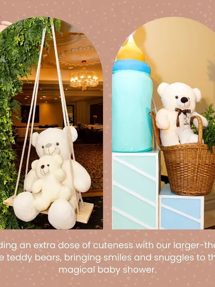 Larger-than-life props like these swinging teddy bears and a giant baby bottle added a dose of cuteness and created fun, memorable photo opportunities.