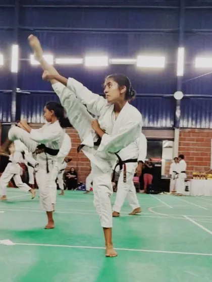 One of my best students executing a flawless yoko geri (side kick). This level of flexibility and control is what we aim for in advanced training.