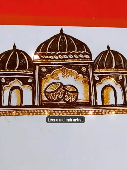 A beautiful shehnai-themed design, perfect for a wedding. This motif depicts traditional drums (dhol) inside an architectural frame, evoking the sounds of a celebration.