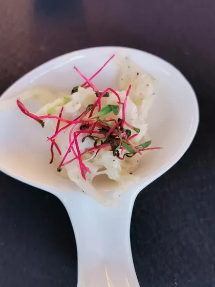 A delicate, single-spoon serving of a refreshing salad, garnished with vibrant microgreens. This showcases our focus on elegant, bite-sized culinary creations.