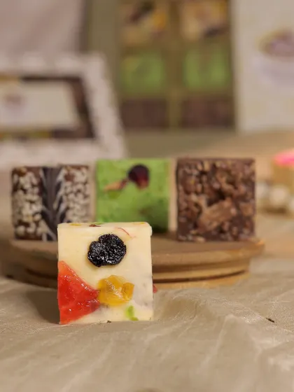 Our Candied Fruit fudge is a colorful and festive treat. The creamy white chocolate fudge is studded with sweet and chewy pieces of candied fruit.