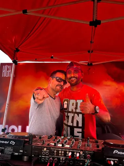 Thumbs up with DJ Suketu at the Holi event. It was a fantastic experience to play for such a large and energetic crowd.