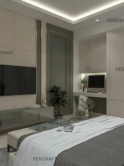 A closer look at the integrated TV unit and study desk, which are designed to blend perfectly with the room's overall neutral and sophisticated aesthetic.
