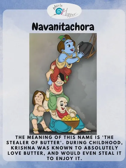 Exploring the many names of Krishna! This graphic about 'Navanitachora' or 'the stealer of butter' is part of a series we created for Janmashtami to share the playful Leelas of Krishna.