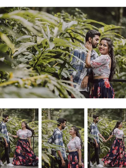 A collage of a couple's pre-wedding shoot in a lush, green location, capturing their playful and romantic interactions.