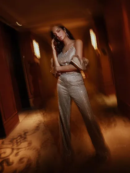 The motion blur in this shot of Shanvi Srivastava's jumpsuit creates a dynamic, ethereal effect, perfect for fashion editorials.
