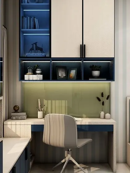 A close-up of the study area, showing the well-lit desk and the combination of open and closed shelving. It's a perfect, organized spot for homework and hobbies.
