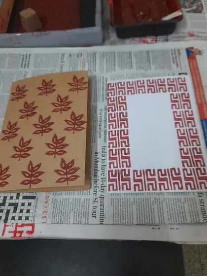 It is always a pleasure to receive photos of work from people who have taken my workshops. These prints, one with a leaf pattern and the other a geometric border, were made by a customer at home. It shows how easy it is to get started with just a few tools.