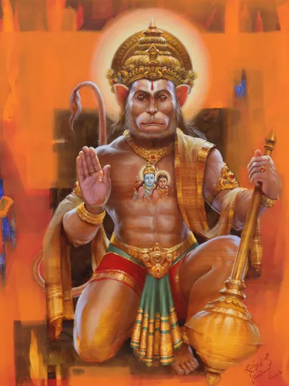 Spiritual art is a deep passion of mine. This acrylic painting, "Sankatmochan Hanuman," blends traditional iconography with a contemporary feel, using vibrant colors to convey divine energy. This piece is now part of the Prafulla Dahanukar Art Foundation collection.