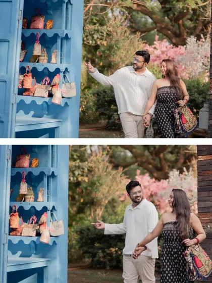A collage showing the couple exploring a colorful market area, capturing their curiosity and shared experience.