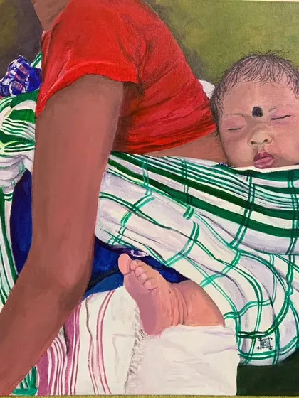 This painting, "Precious Cargo," by artist Ranjani Ramesh, celebrates motherhood. The focus on the mother's back as she carries her sleeping child is a powerful tribute to the strength and devotion of women.